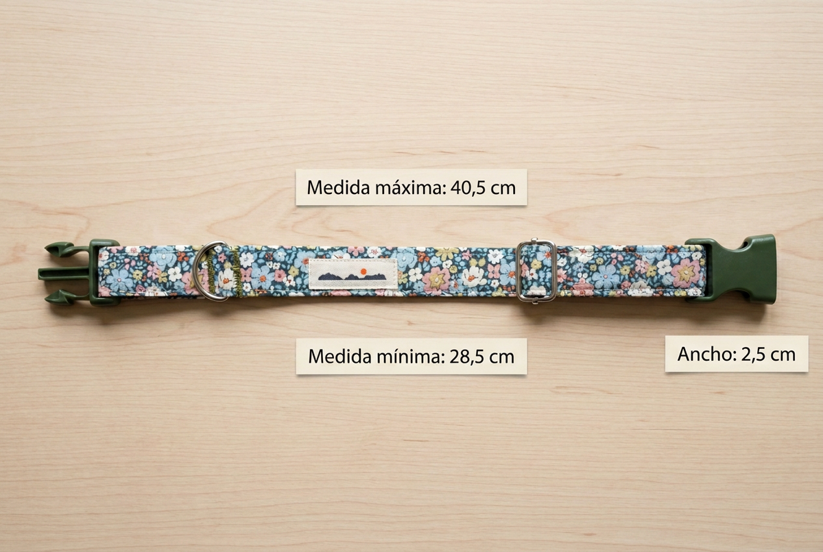 Collar verde con etiquetas claras y medidas de 40,5 cm máximo, 28,5 cm mínimo y 2,5 cm de ancho, sin flechas