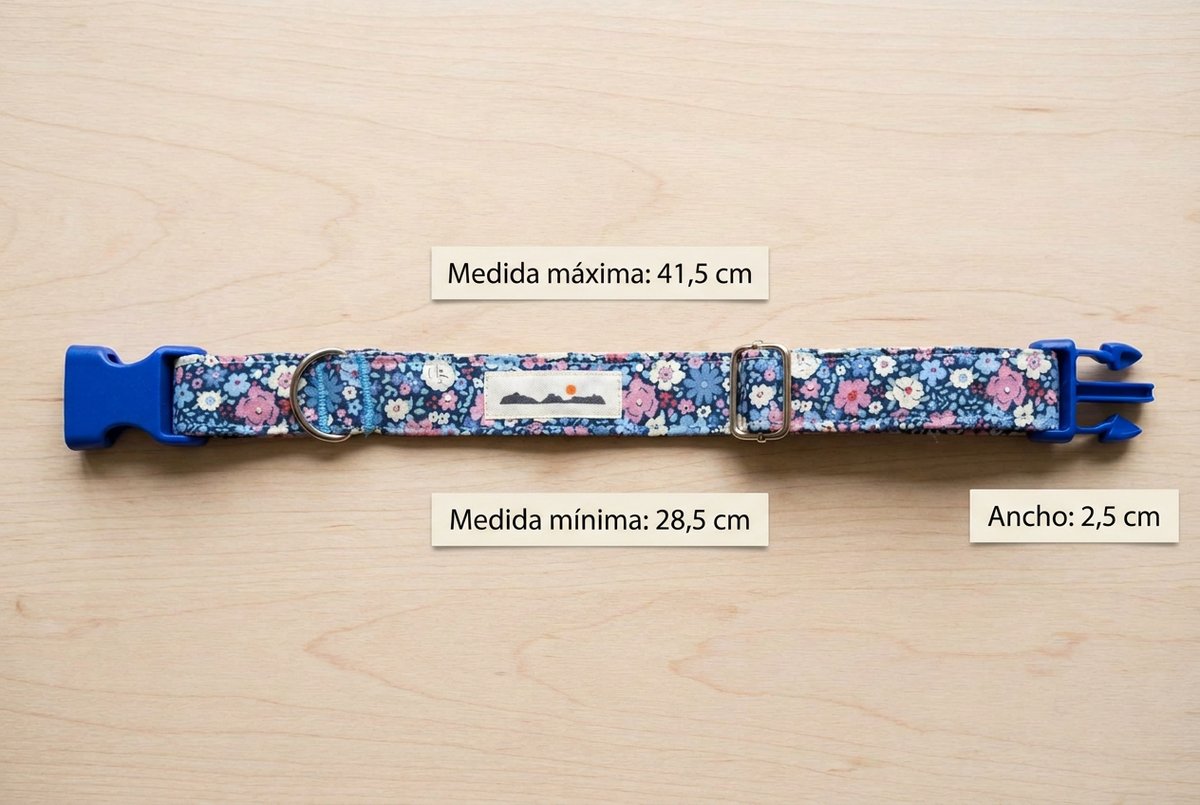 Collar con medida máxima 41,5 cm, mínima 28,5 cm y ancho 2,5 cm, sin flechas
