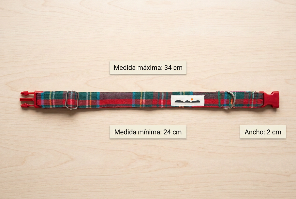Collar con rótulos de medida máxima 34 cm, mínima 24 cm y ancho 2 cm, sin flechas