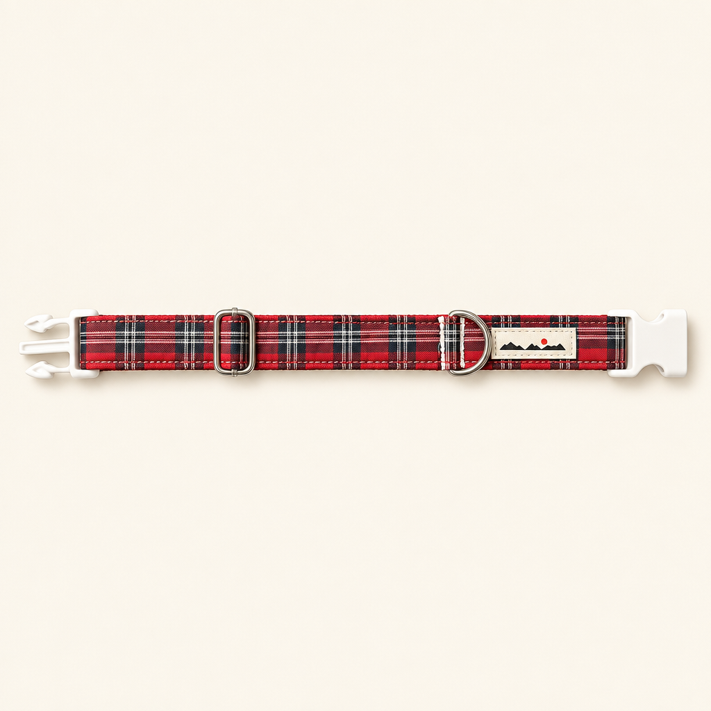 Collar rojo de cuadros sobre fondo claro