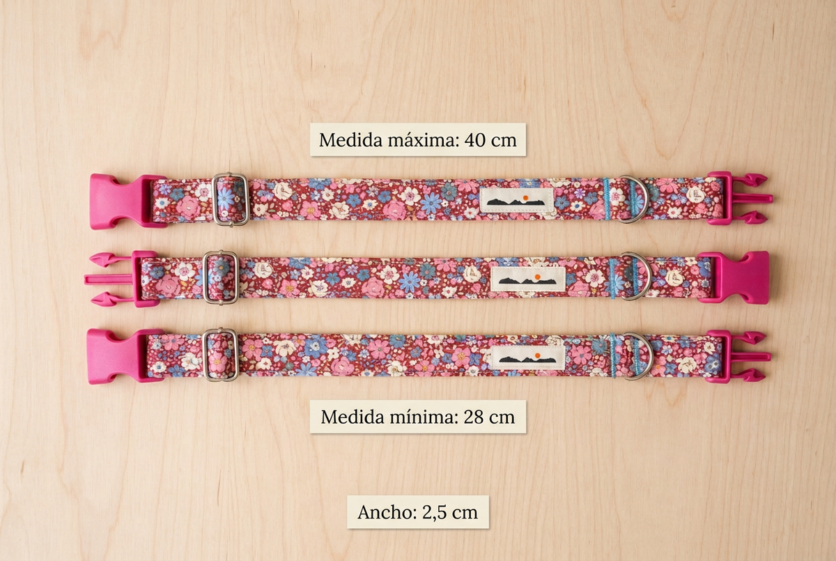 Tres collares con medida máxima 40 cm, mínima 28 cm y ancho 2,5 cm, sin flechas